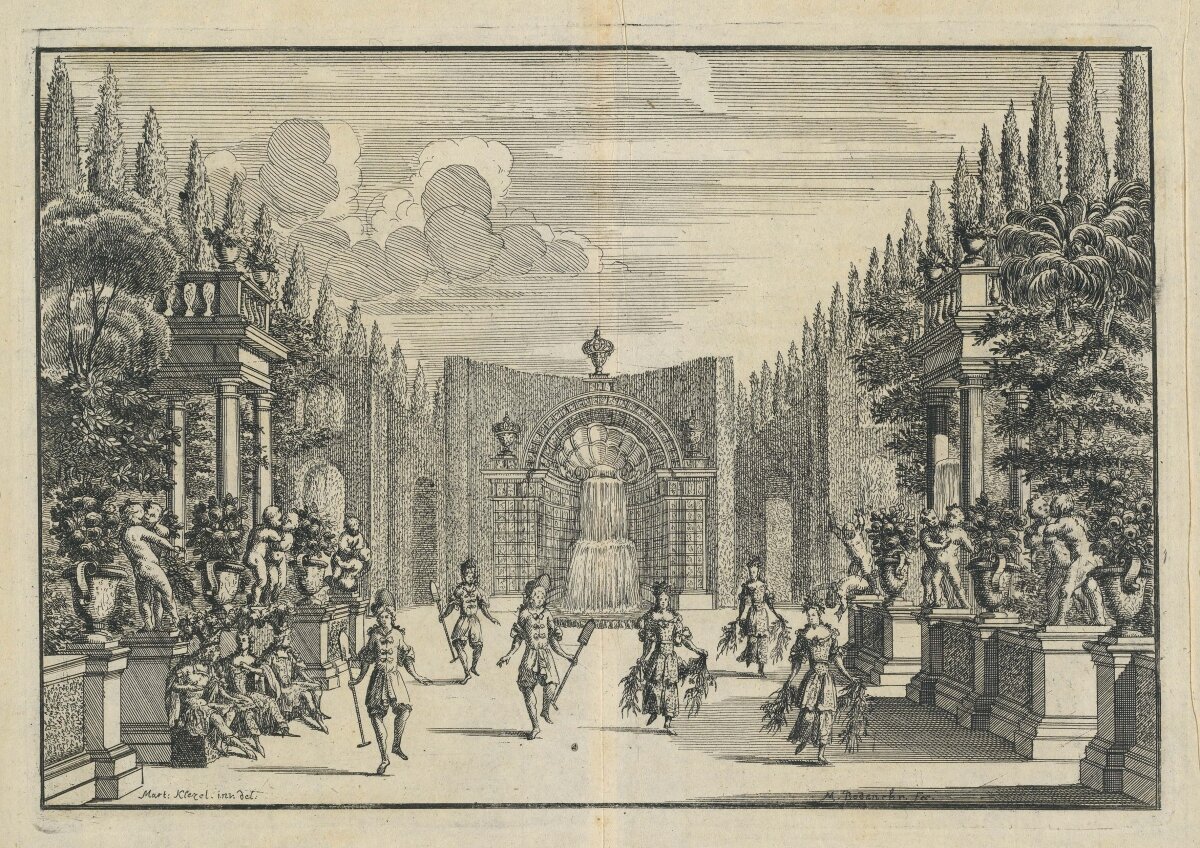 1. MARTIN KLETZE, Ein Garten auff des Camill Land=Gut, Panel 7 in CARLO LUIGI PIETRAGRUA, Camillus Der Groß-Müthige DRAMA Vorzustellen auf dem Teatro Des Durchleuchtigsten Chur-Fürstens zu Sachßen, Dresden 1693.