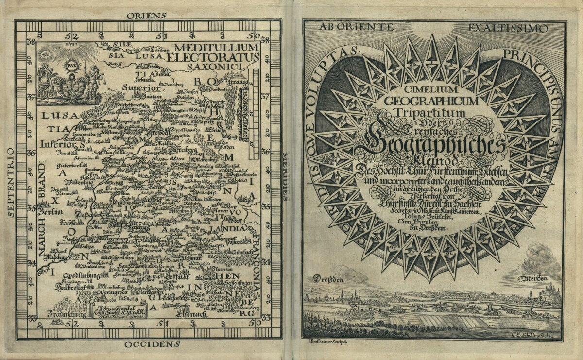 4. Frontispiece and title page in TOBIAS BEUTEL, Cimelium Geographicum Tripartitum, Oder Dreyfaches Geographisches Kleinod […], Dresden 1680.