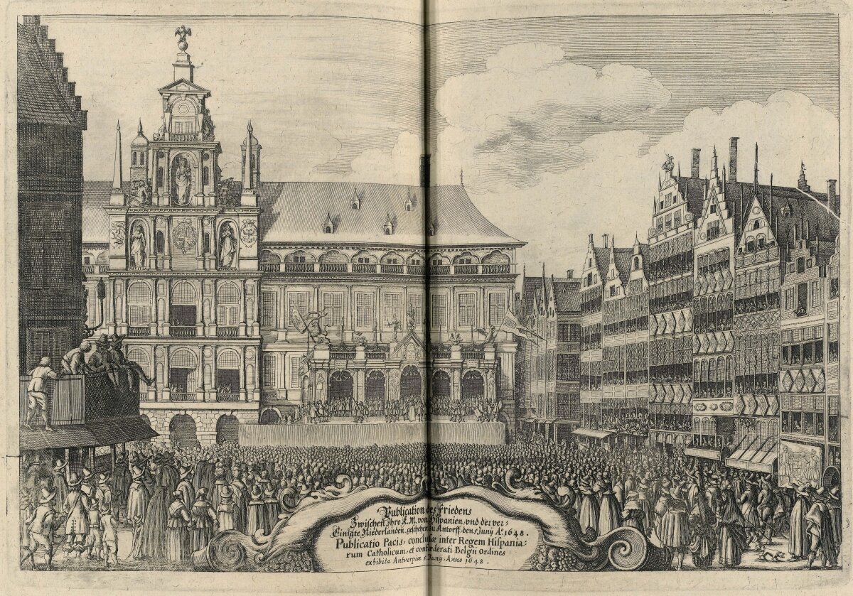 5. Merian Workshop (Wenzel Hollar), Publication des Friedens Zwischen Ihro K.M. von Hispanien, und der ver=Einigten Niederlanden, geschehen zu Antorff, den 5 JuniiA.o 1648 […] in J. G. SCHLEDER, TheatriEuropaei Sechster und letzter Theil […], Vol. 6.1647/51, Frankfurt am Main 1663, pp. 474/475.